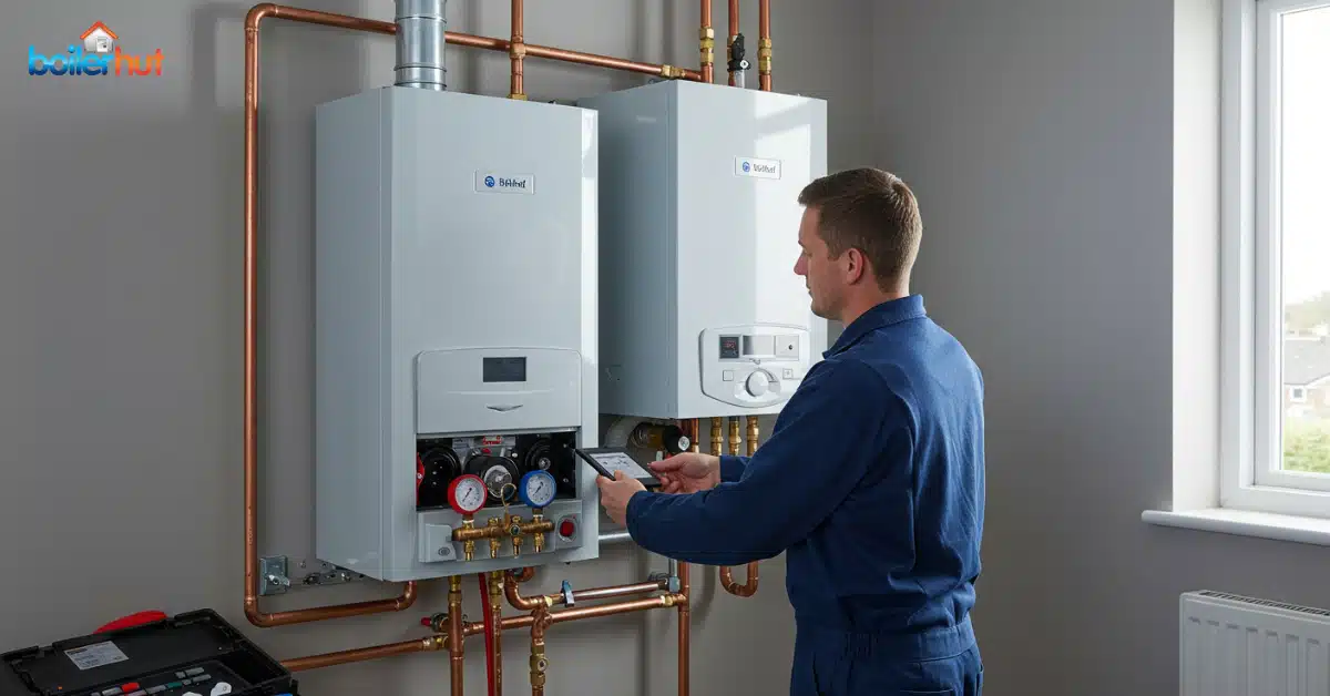 A Gas Safe engineer inspecting a wall-mounted UK gas boiler installation